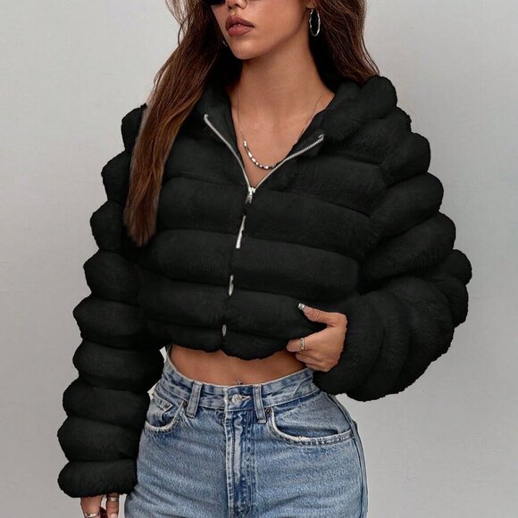 Black Casual Women's Fluffy faux fur Hooded Cropped Jacket - Picture 3 of 7